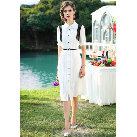 L374 Custom Made to order Chiffon Shirting Collared Pleated A-Line Midi Dress Regular Size XS S M L XL & Plus size 1x-10x (SZ16-52)