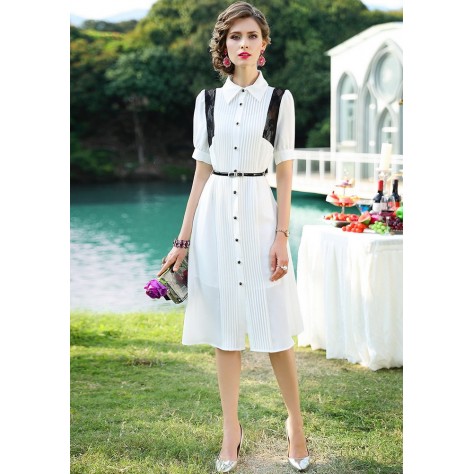 L374 Custom Made to order Chiffon Shirting Collared Pleated A-Line Midi Dress Regular Size XS S M L XL & Plus size 1x-10x (SZ16-52)