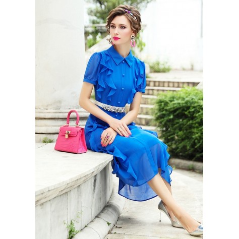 L375 Custom Made to order Chiffon Ruffle Shirting Collared Midi Chiffon Dress Regular Size XS S M L XL & Plus size 1x-10x (SZ16-52)