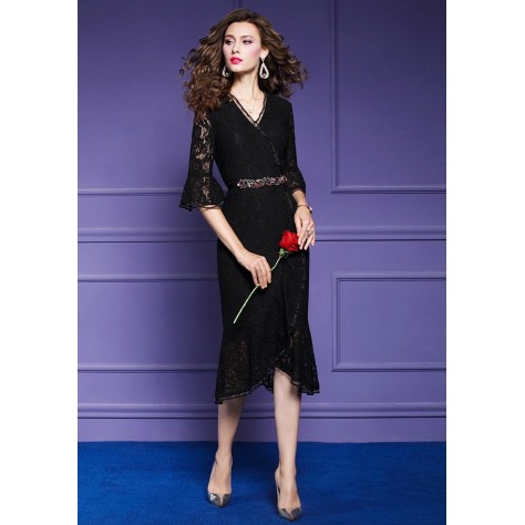 L376 Custom Made to order Lace V-Neck Lace Slim Cocktail Fishtail Dress Regular Size XS S M L XL & Plus size 1x-10x (SZ16-52)