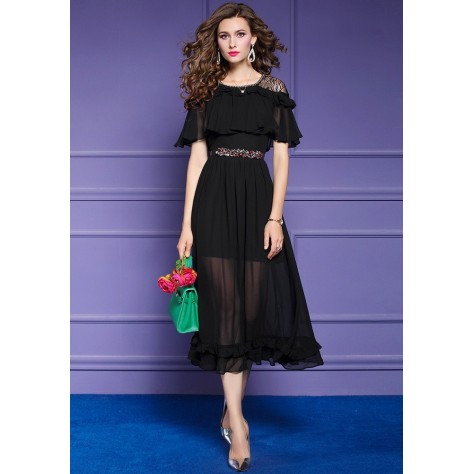 L378 Custom Made to order Chiffon Crew Neck Beaded Trim Ruffle Chiffon Dress Regular Size XS S M L XL & Plus size 1x-10x (SZ16-52)