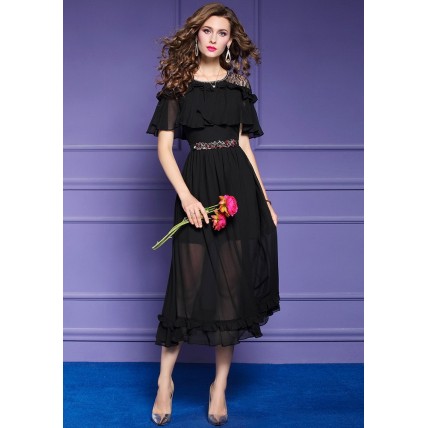 L378 Custom Made to order Chiffon Crew Neck Beaded Trim Ruffle Chiffon Dress Regular Size XS S M L XL & Plus size 1x-10x (SZ16-52)