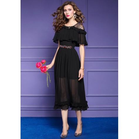 L378 Custom Made to order Chiffon Crew Neck Beaded Trim Ruffle Chiffon Dress Regular Size XS S M L XL & Plus size 1x-10x (SZ16-52)