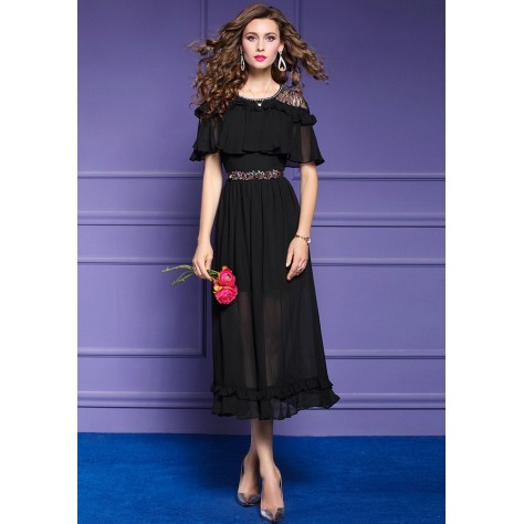 L378 Custom Made to order Chiffon Crew Neck Beaded Trim Ruffle Chiffon Dress Regular Size XS S M L XL & Plus size 1x-10x (SZ16-52)