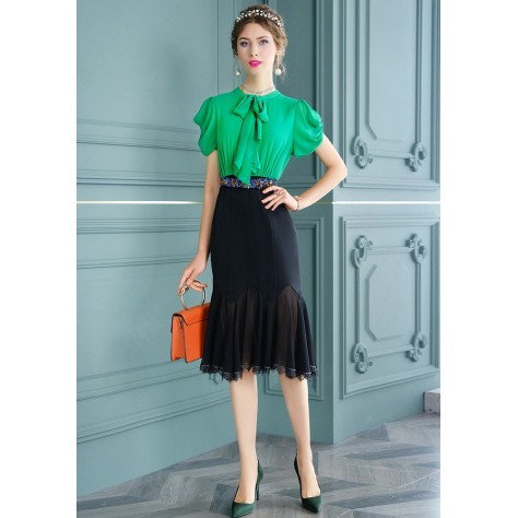 L381 Custom Made to order Chiffon Short Sleeve Tie-Neck Chiffon Midi Dress Regular Size XS S M L XL & Plus size 1x-10x (SZ16-52)