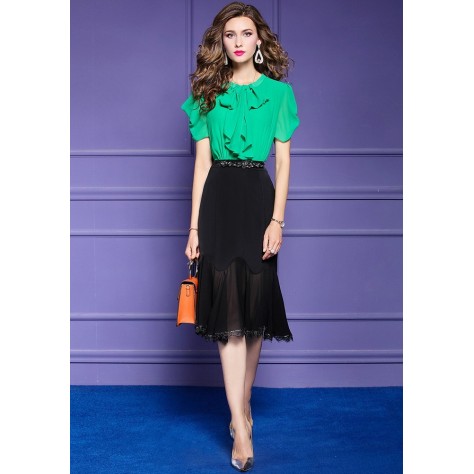 L381 Custom Made to order Chiffon Short Sleeve Tie-Neck Chiffon Midi Dress Regular Size XS S M L XL & Plus size 1x-10x (SZ16-52)