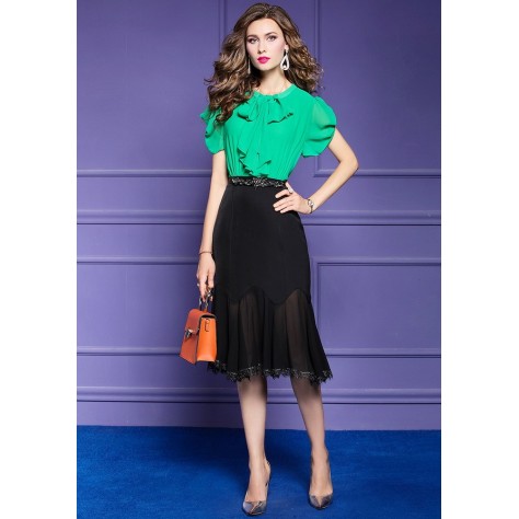 L381 Custom Made to order Chiffon Short Sleeve Tie-Neck Chiffon Midi Dress Regular Size XS S M L XL & Plus size 1x-10x (SZ16-52)