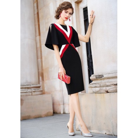 L382 Custom Made to order Polyester Crew Neck Contrast Slit Sleeve Sheath Dress Regular Size XS S M L XL & Plus size 1x-10x (SZ16-52)