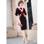 L382 Custom Made to order Polyester Crew Neck Contrast Slit Sleeve Sheath Dress Regular Size XS S M L XL & Plus size 1x-10x (SZ16-52)