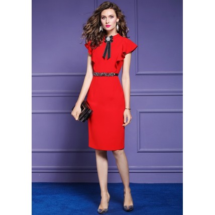 L383 Custom Made to order Polyester Ruffle Sleeve Stand Neck Slim Party Dress Regular Size XS S M L XL & Plus size 1x-10x (SZ16-52)