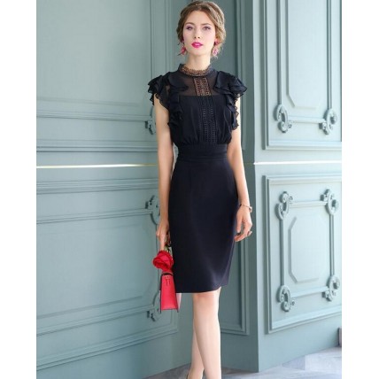 L388 Custom Made to order Polyester/ Stand Collar Ruffle Sleeve Pencil Dress New Regular Size XS S M L XL & Plus size 1x-10x (SZ16-52)