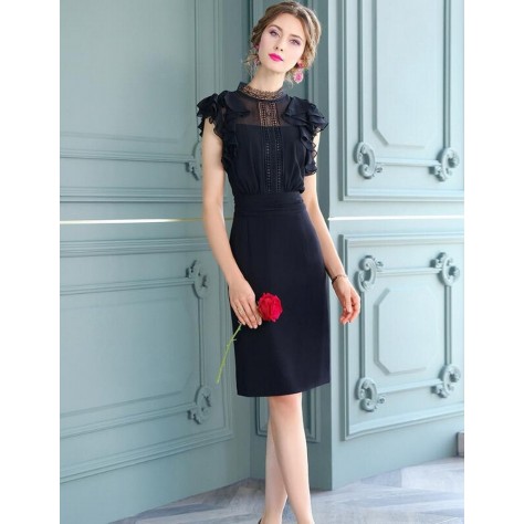 L388 Custom Made to order Polyester/ Stand Collar Ruffle Sleeve Pencil Dress New Regular Size XS S M L XL & Plus size 1x-10x (SZ16-52)