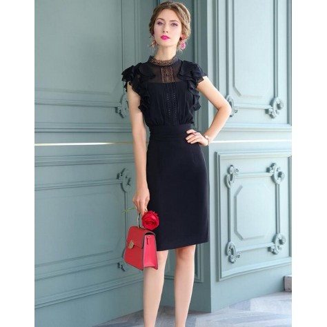 L388 Custom Made to order Polyester/ Stand Collar Ruffle Sleeve Pencil Dress New Regular Size XS S M L XL & Plus size 1x-10x (SZ16-52)