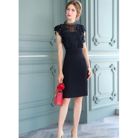 L388 Custom Made to order Polyester/ Stand Collar Ruffle Sleeve Pencil Dress New Regular Size XS S M L XL & Plus size 1x-10x (SZ16-52)