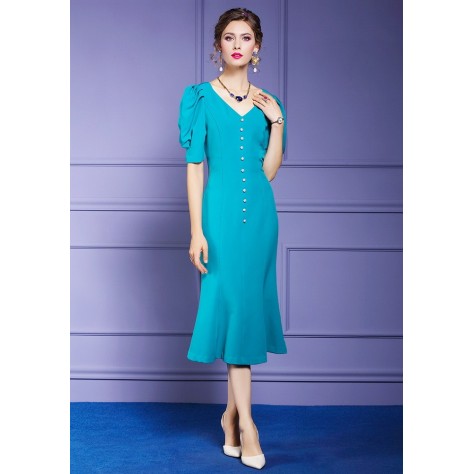 L389 Custom Made to order Polyester V-Neck Slim Fishtail Hem Midi Party Dress Regular Size XS S M L XL & Plus size 1x-10x (SZ16-52)