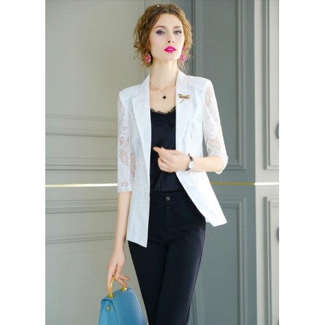 L395 Custom Made to order Lace 3/4 Sleeves Lace Slim Blazer Coat Jacket Regular Size XS S M L XL & Plus size 1x-10x (SZ16-52)