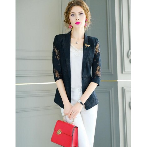 L395 Custom Made to order Lace 3/4 Sleeves Lace Slim Blazer Coat Jacket Regular Size XS S M L XL & Plus size 1x-10x (SZ16-52)