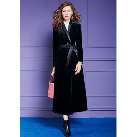 L400 Custom Made to order Velvet Elegant Belted Long Trench Coat New Regular Size XS S M L XL & Plus size 1x-10x (SZ16-52)