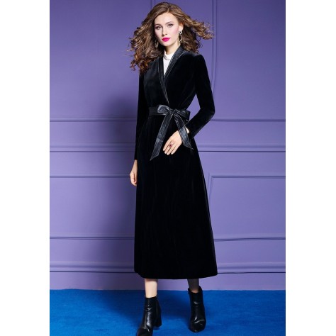 L400 Custom Made to order Velvet Elegant Belted Long Trench Coat New Regular Size XS S M L XL & Plus size 1x-10x (SZ16-52)