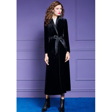 L400 Custom Made to order Velvet Elegant Belted Long Trench Coat New Regular Size XS S M L XL & Plus size 1x-10x (SZ16-52)