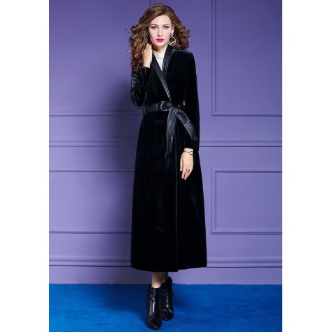 L400 Custom Made to order Velvet Elegant Belted Long Trench Coat New Regular Size XS S M L XL & Plus size 1x-10x (SZ16-52)