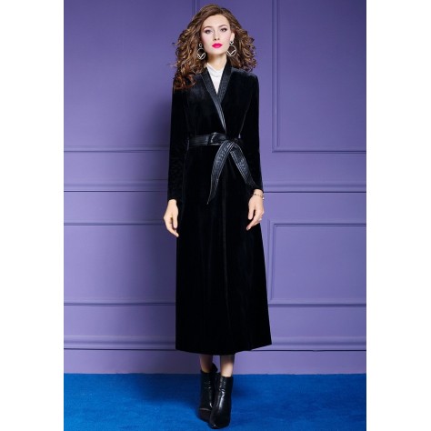 L400 Custom Made to order Velvet Elegant Belted Long Trench Coat New Regular Size XS S M L XL & Plus size 1x-10x (SZ16-52)