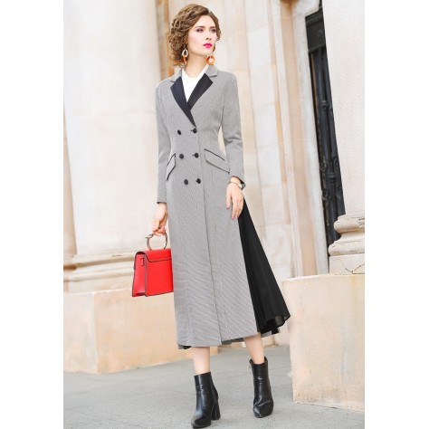 L401 Custom Made to order Polyester Contrast Houndstooth Belted Trench Coat Regular Size XS S M L XL & Plus size 1x-10x (SZ16-52)