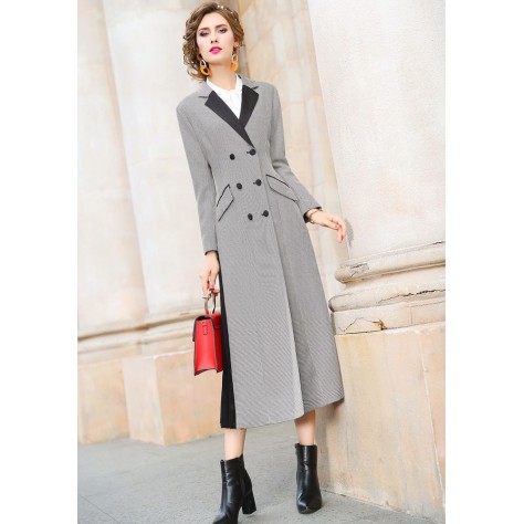 L401 Custom Made to order Polyester Contrast Houndstooth Belted Trench Coat Regular Size XS S M L XL & Plus size 1x-10x (SZ16-52)