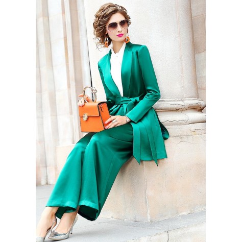 L405 Custom Made to order Satin Tie-Waist Formal Blazer Wide Leg Pants Suit Regular Size XS S M L XL & Plus size 1x-10x (SZ16-52)