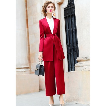 L405 Custom Made to order Satin Tie-Waist Formal Blazer Wide Leg Pants Suit Regular Size XS S M L XL & Plus size 1x-10x (SZ16-52)