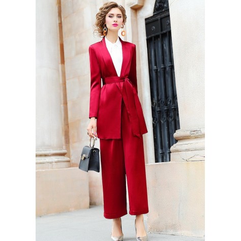 L405 Custom Made to order Satin Tie-Waist Formal Blazer Wide Leg Pants Suit Regular Size XS S M L XL & Plus size 1x-10x (SZ16-52)