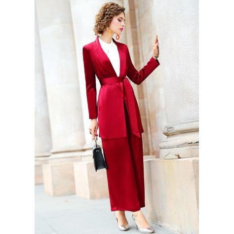 L405 Custom Made to order Satin Tie-Waist Formal Blazer Wide Leg Pants Suit Regular Size XS S M L XL & Plus size 1x-10x (SZ16-52)