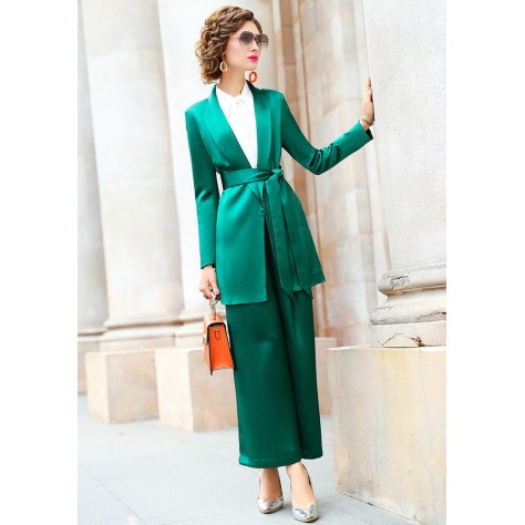 L405 Custom Made to order Satin Tie-Waist Formal Blazer Wide Leg Pants Suit Regular Size XS S M L XL & Plus size 1x-10x (SZ16-52)