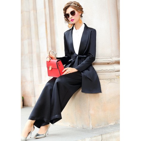 L405 Custom Made to order Satin Tie-Waist Formal Blazer Wide Leg Pants Suit Regular Size XS S M L XL & Plus size 1x-10x (SZ16-52)