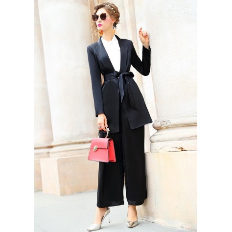 L405 Custom Made to order Satin Tie-Waist Formal Blazer Wide Leg Pants Suit Regular Size XS S M L XL & Plus size 1x-10x (SZ16-52)