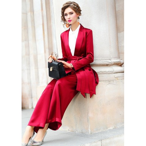 L405 Custom Made to order Satin Tie-Waist Formal Blazer Wide Leg Pants Suit Regular Size XS S M L XL & Plus size 1x-10x (SZ16-52)