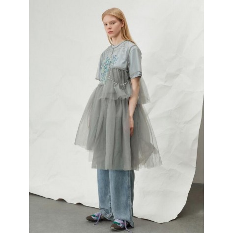 L421 Custom Made to order Tulle Irregular Mesh Sheer Pleated Casual Dress Regular Size XS S M L XL & Plus size 1x-10x (SZ16-52)