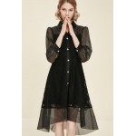 L434 Custom Made to order Polyester Long Sleeve Lapel Sheer Midi Lace Dress Regular Size XS S M L XL & Plus size 1x-10x (SZ16-52)