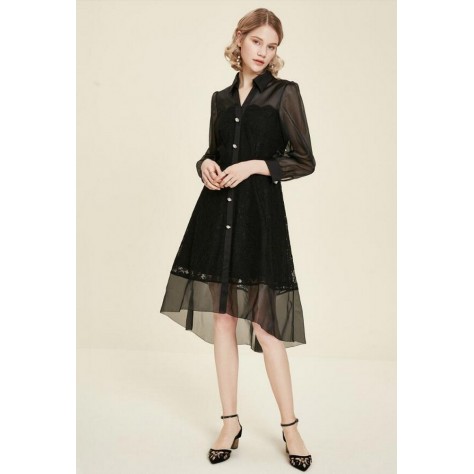 L434 Custom Made to order Polyester Long Sleeve Lapel Sheer Midi Lace Dress Regular Size XS S M L XL & Plus size 1x-10x (SZ16-52)