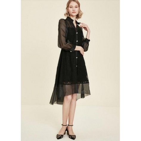 L434 Custom Made to order Polyester Long Sleeve Lapel Sheer Midi Lace Dress Regular Size XS S M L XL & Plus size 1x-10x (SZ16-52)