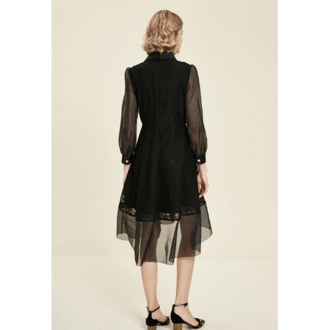 L434 Custom Made to order Polyester Long Sleeve Lapel Sheer Midi Lace Dress Regular Size XS S M L XL & Plus size 1x-10x (SZ16-52)