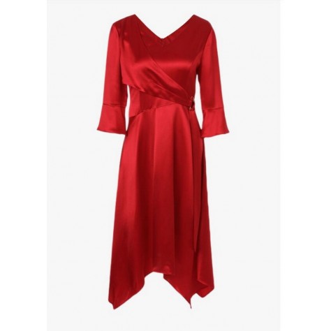 L443 Custom Made to order Satin Double-V-Neck Midi Asymmetric Dress Regular Size XS S M L XL & Plus size 1x-10x (SZ16-52)