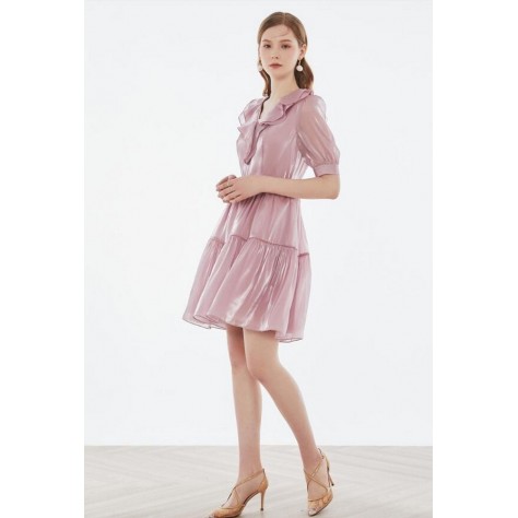 L446 Custom Made to order Satin V-Neck Ruffle A-Line Pleated Mini Dress Regular Size XS S M L XL & Plus size 1x-10x (SZ16-52)