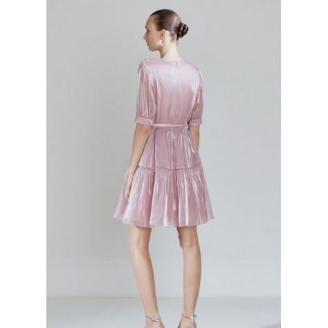 L446 Custom Made to order Satin V-Neck Ruffle A-Line Pleated Mini Dress Regular Size XS S M L XL & Plus size 1x-10x (SZ16-52)