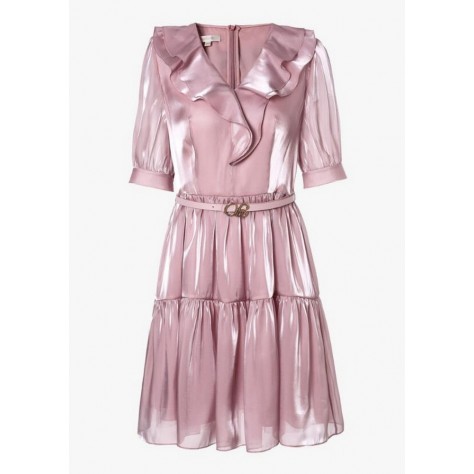 L446 Custom Made to order Satin V-Neck Ruffle A-Line Pleated Mini Dress Regular Size XS S M L XL & Plus size 1x-10x (SZ16-52)