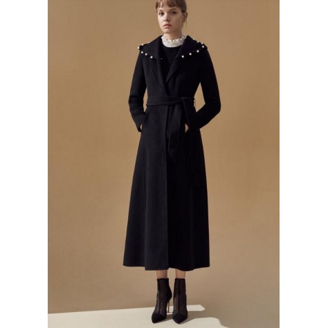 L450 Custom Made to order Woolblend Lapel Beaded Belted Long Overcoat Coat Regular Size XS S M L XL & Plus size 1x-10x (SZ16-52)