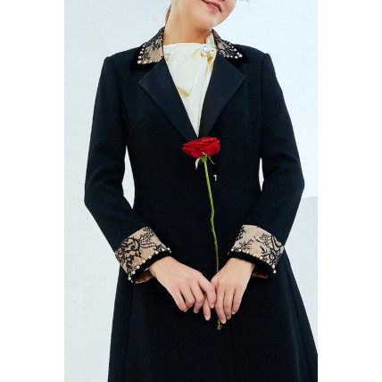 L453 Custom Made to order Polyester Lapel Lace Patchwork Beaded Trench Coat Regular Size XS S M L XL & Plus size 1x-10x (SZ16-52)