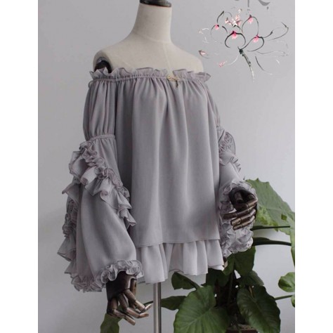 L50 Chiffon Off Shoulder Long Sleeve Ruffled ElasticTops Regular Size XS S M L XL & Plus size 1x-10x (SZ16-52)