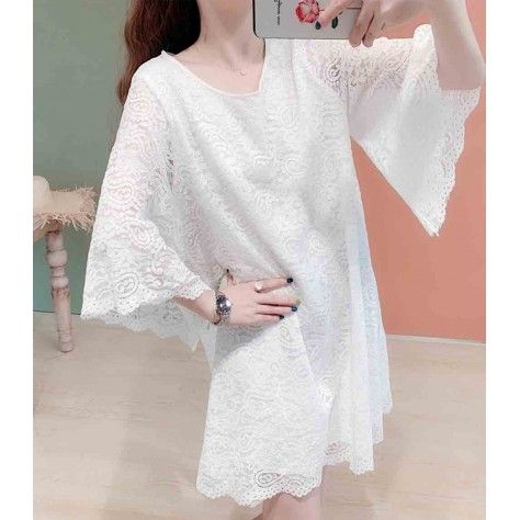 L504 Custom Made to order Lace Bell Sleeve Loose Oversized Lace Mini Dress Regular Size XS S M L XL & Plus size 1x-10x (SZ16-52)