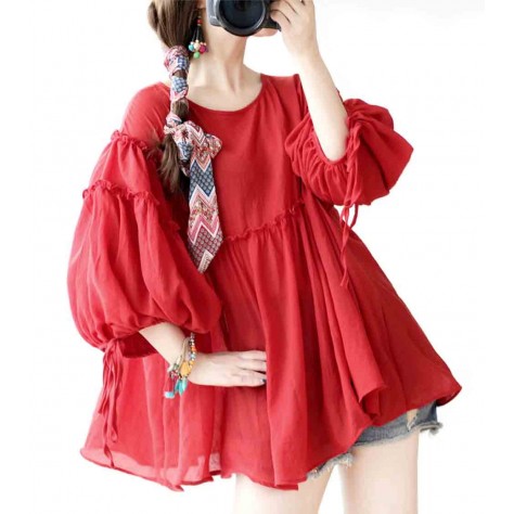 L510 Custom Made To Order Linen Blend Loose Ruffle Balloon Sleeve Blouse Regular Size XS S M L XL & Plus size 1x-10x (SZ16-52)